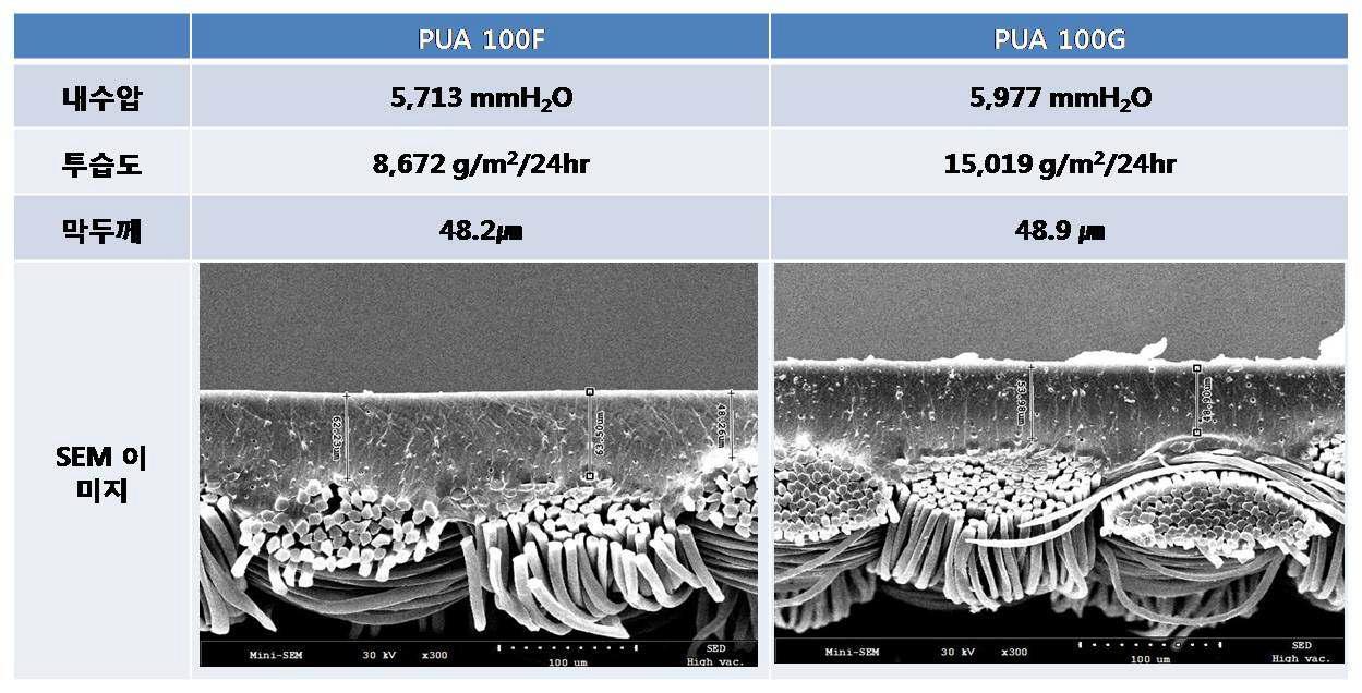 PUA 100F와 100G의 내수압 및 투습도 결과