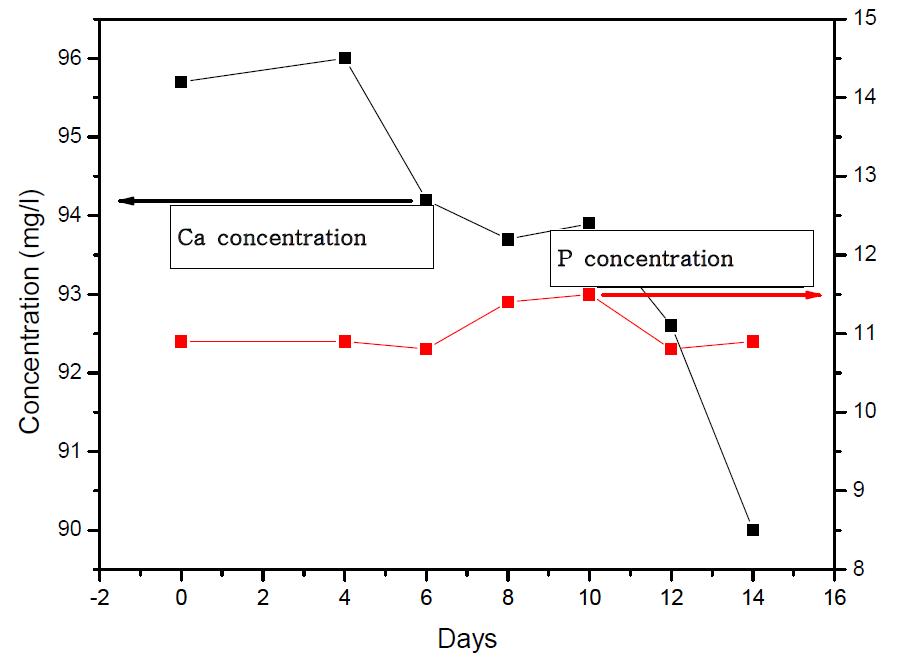 The variation in the Ca2+ and P5+concentration using ICP test