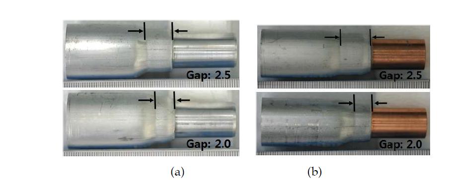 접합간격에 따른 변형부 폭의 변화 (인가전압 5kV) (a) A6063-A6061 (b) A6063-C1221