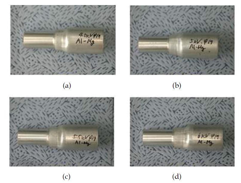 인가전압에 따른 알루미늄(out)/마그네슘(in) 시험편 형상 (a) 4kV (b) 5kV (c) 5.5kV (d) 6kV