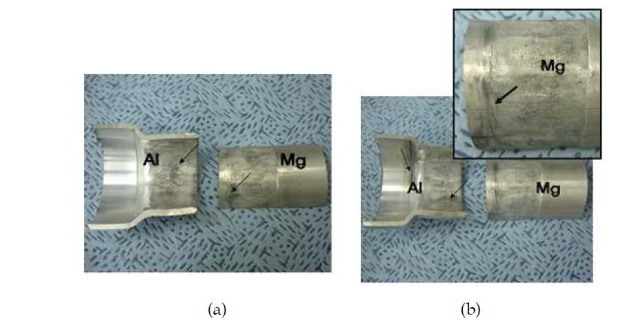 알루미늄(6061) 및 마그네슘(AZ31) 파이프의 전자기펄스 용접부 절단면