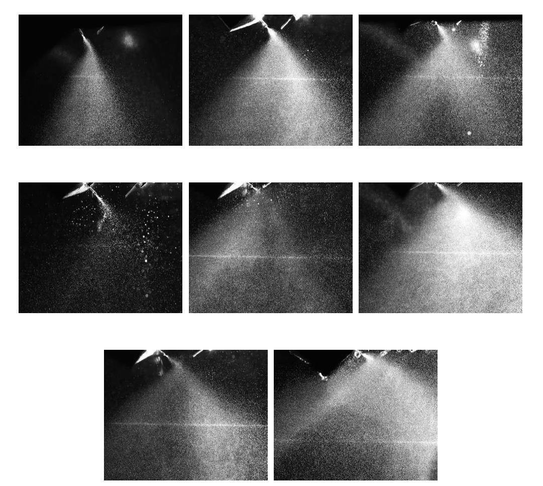 분무 각도 및 거리에 따른 분사 패턴, 첫째 줄 왼쪽부터 70° 5㎜, 90° 3㎜, 90° 5㎜, 둘째 줄 왼쪽부터 90° 8㎜, 110° 3㎜, 110° 5㎜, 셋째 줄 왼쪽부터 110° 8㎜, 130° 5㎜