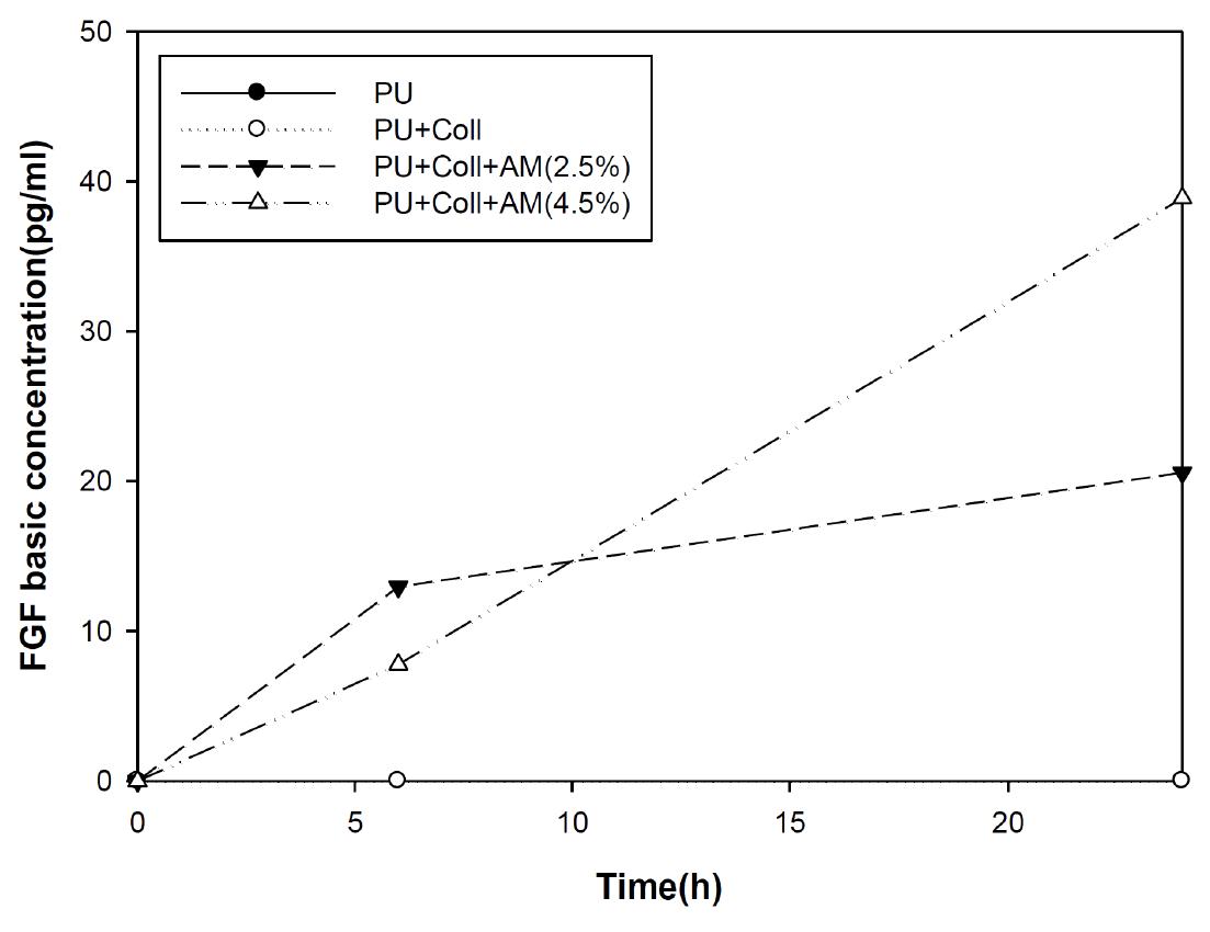 Release of bFGF from prepared PU-collagen/AM matrix. At 24 hr, the amount of bFGF release from matrix containg 4.5% solubilized AM was 2-times higher than that of 2.5% solubilized AM.