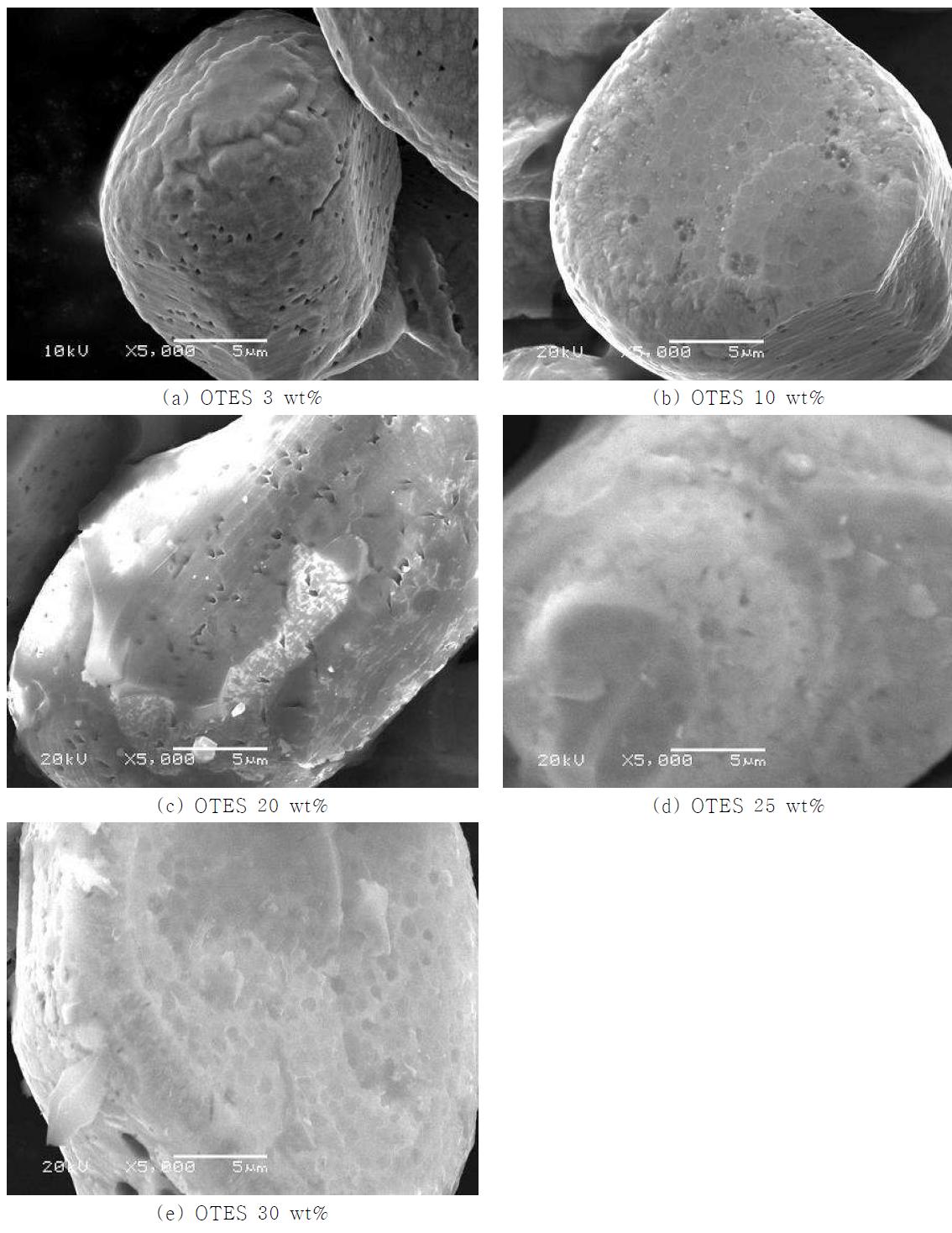OTES의 농도 변화에 따라 코팅된 형광체의 SEM 사진
