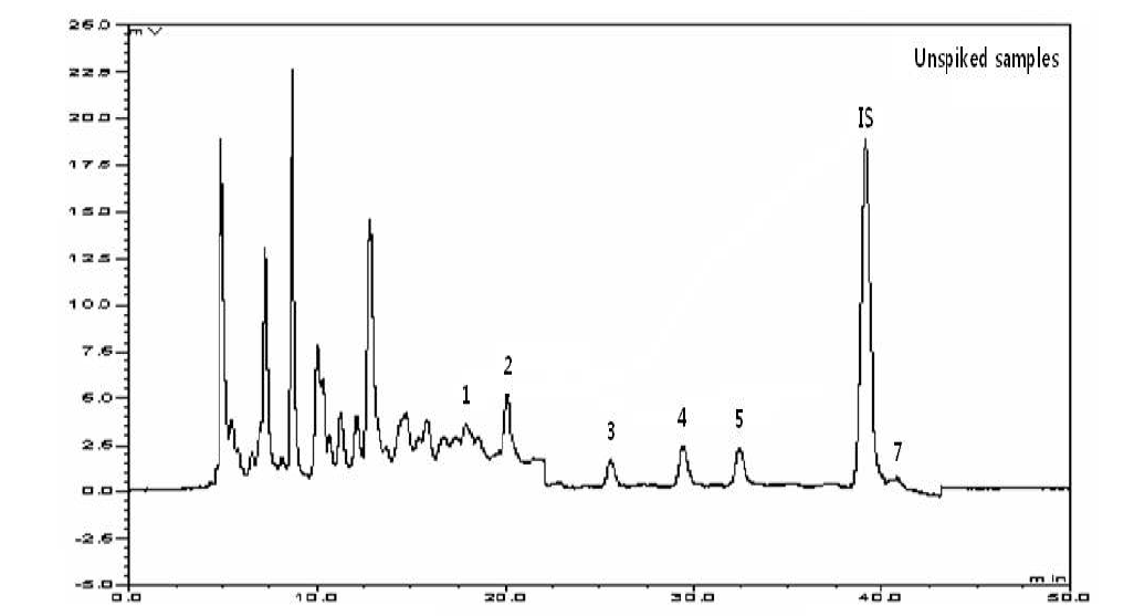 공시료 내 PAHs의 HPLC/FLD 크로마토그램