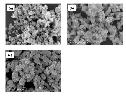 그림 3-11. FE-SEM micrographs of the LaCrO3 powders heat-treated at 700 ℃ for 2h (PVP 1 wt%) : various AcAc quantities (a) 8 a, (b) 16 a, and (c) 32 a
