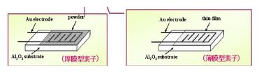 그림 3-17. Schematic diagram of gas sensor device of (a) thick film-type and (b) thin film-type using oxide receptor or/ and solid electrolyte impedance transducer