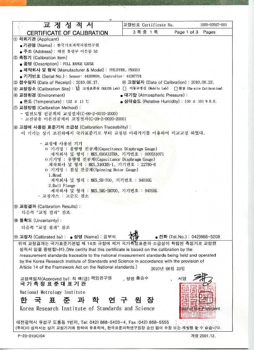 Calibration report on vacuum pumping gauge