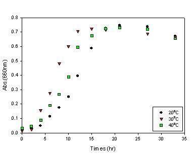 Transient optical density of microbes incubated at various temperature and 200 rpm in the medium of LKH-12.