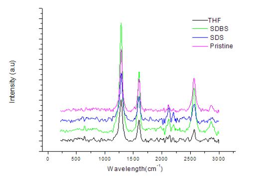 Raman spectroscopy results of the CNT/CuO coated surface by using different additives after sinterning.