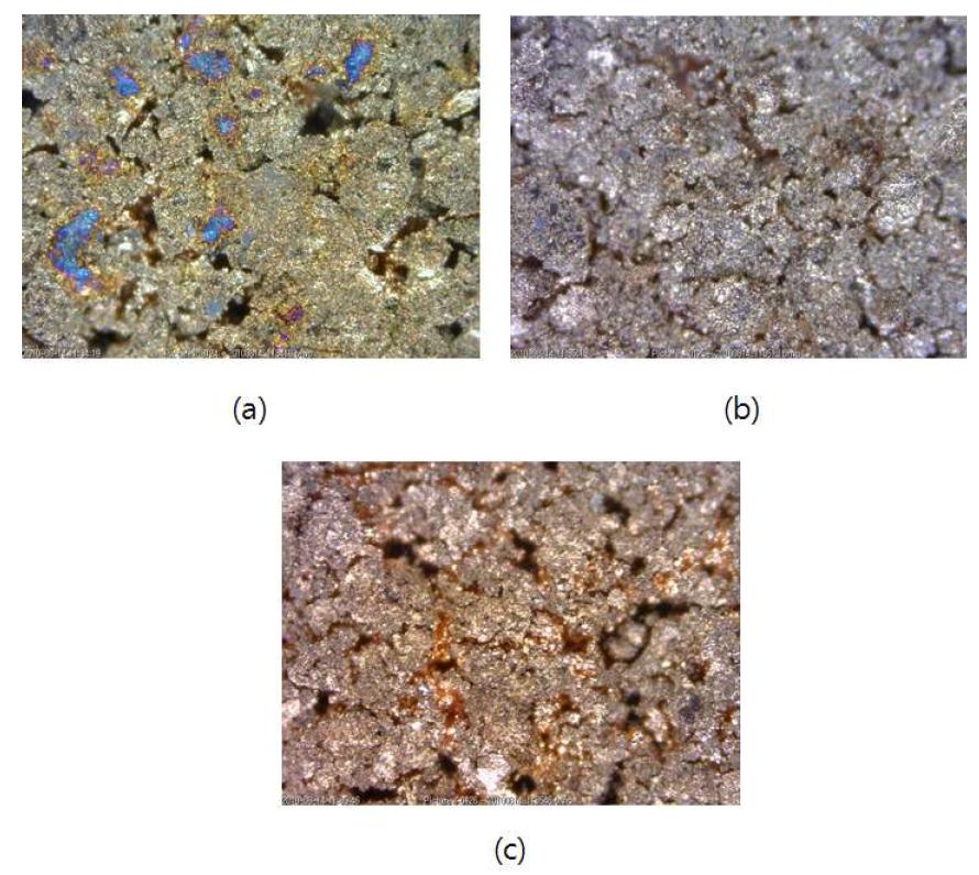 surface of (TiO2+CNT)/Cu coated wafer by sintering (a): (TiO2+CNT)1.24wt%/Cu coated copper wafer (b): (TiO2+CNT)2.4wt%/Cu coated copper wafer (c): (TiO2+CNT)5.5wt%/Cu coated copper wafer