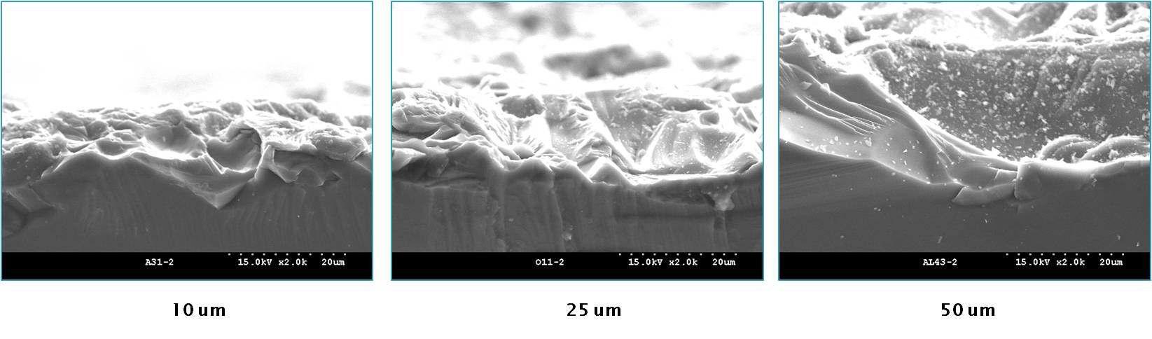 powder size(10 um, 25 um, 50 um)에 따른 표면 식각 분석(SEM 사진).