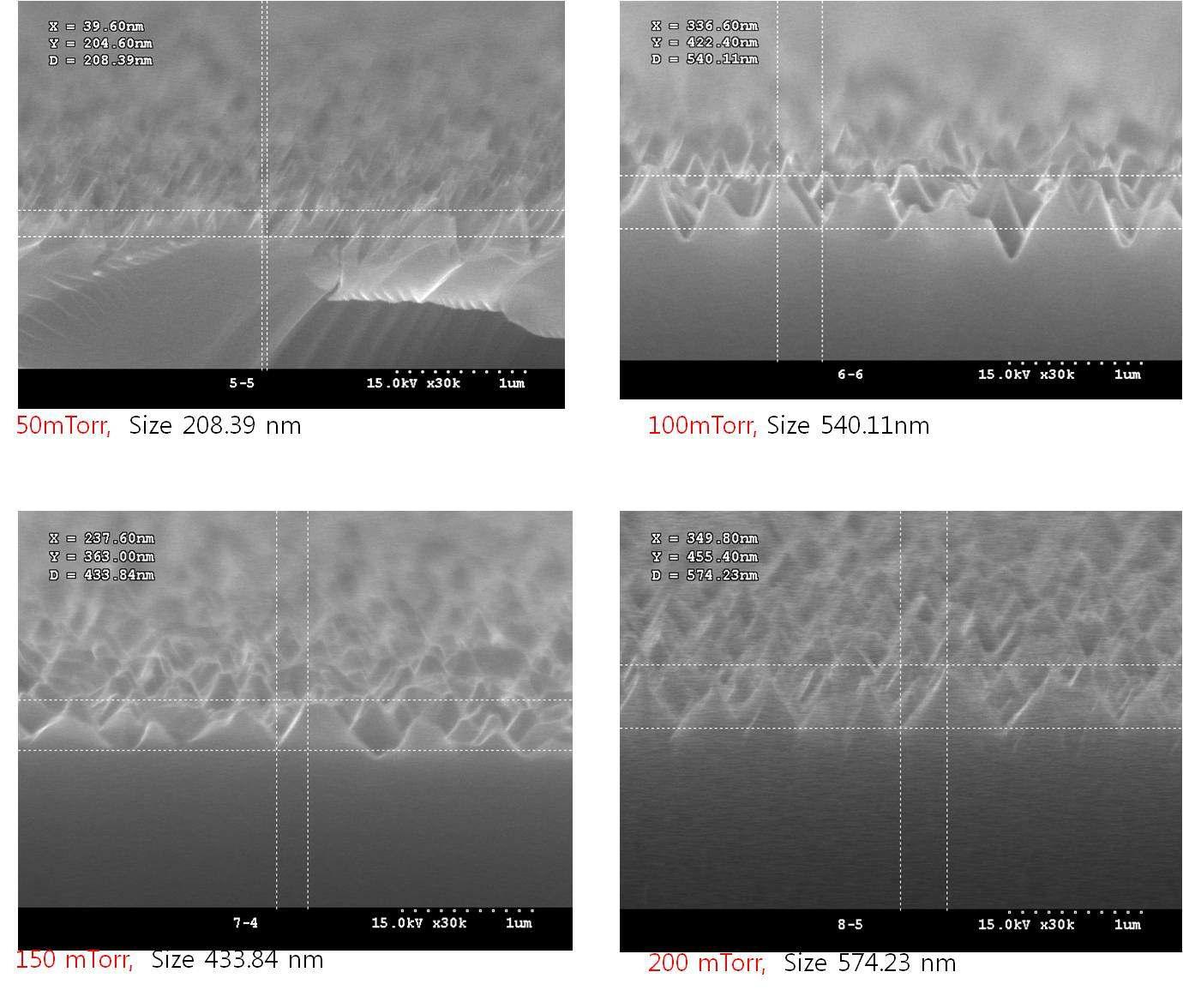 process pressure에 따른 표면 texturing 공정 후 SEM 사진(50, 100, 150, 200 mTorr).