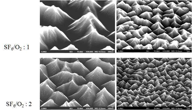 플라즈마 건식식각 장비의 gas rate에 따른 표면 texturing 공정 후 SEM 사진.
