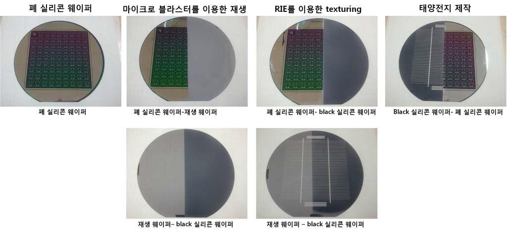 폐 실리콘 웨이퍼 재생 후 태양전지 cell 제작 완료된 시제품 사진.