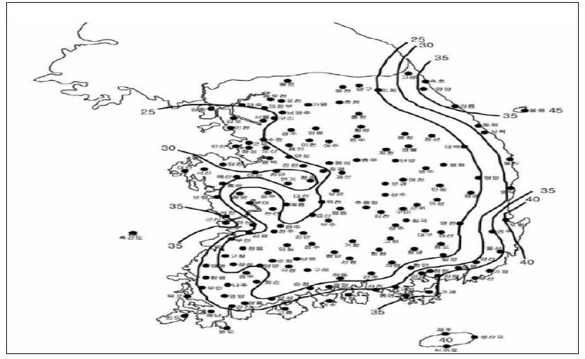 100년 재현기간에 대한 기본풍속, V0(m/s)