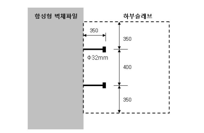 사각형 벽체파일과 하부슬래브의 힌지연결 예시