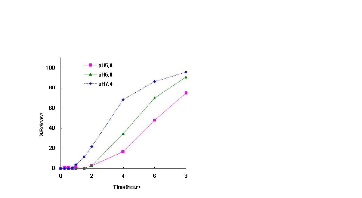 최종 선정 처방의 pH5.0m pH6.0, pH7.4용액에서의 용출시험 결과