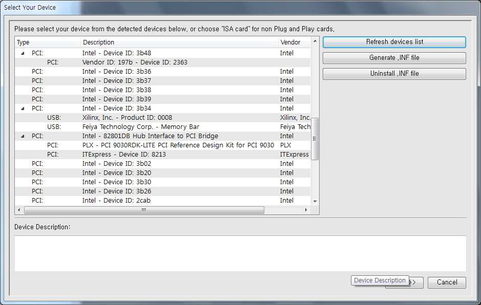 개발된 PCI 카드를 선택을 위한 “Select Your Device” 대화상자