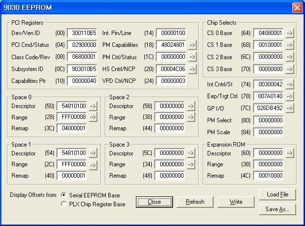 개발된 PCI 제어 모듈의 EEPROM Cofiguration data.