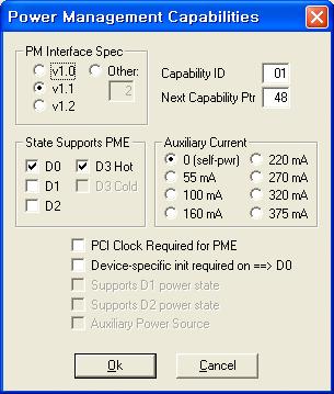 PCI Power Management Capabilities 설정 화면