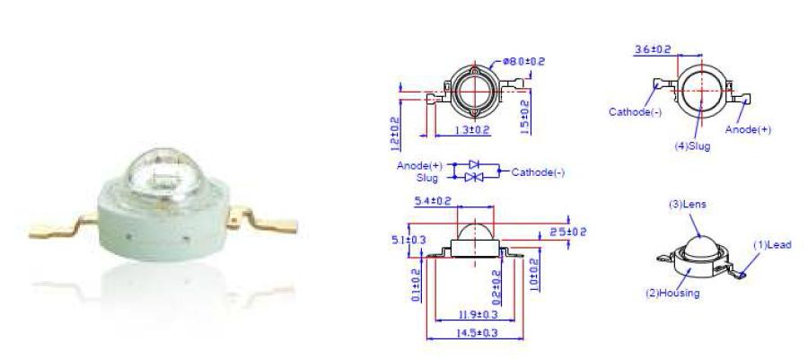 Lambertian Type Power LED 외관 및 치수