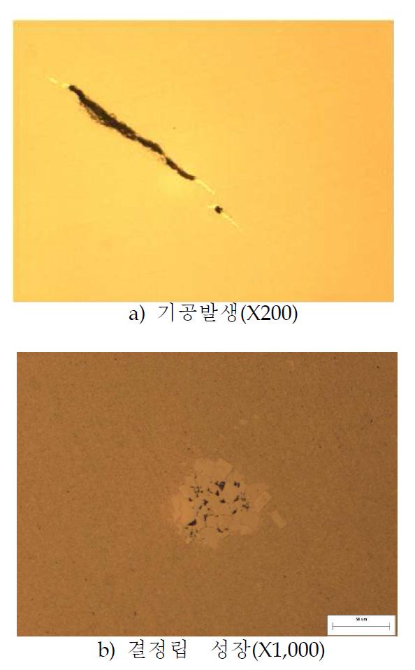 하기 표시된 온도에서의 발생되는 미세조직 결함