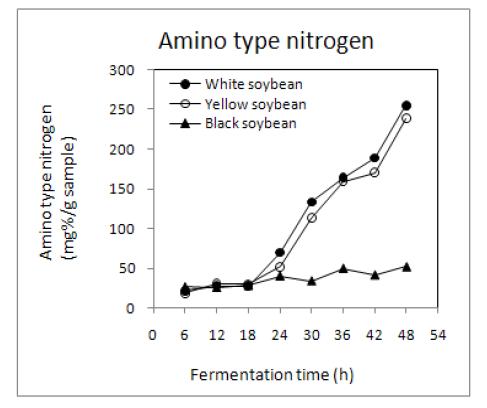 Changes in amino type nitrogen contents of non-germinated soybean Chungkookjang during fermentation at 40℃.