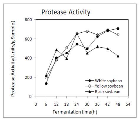 Changes in protease activity of non-germinated soybean Chungkookjang prepared with rice straw during fermentation at 35℃.