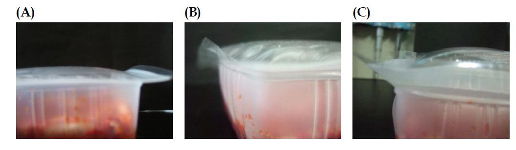 밀폐형 PP 트레이용기 김치제품의 저장 중 가스 발생 및 용기 팽창; (A) 저장 11일째 (B) 저장 18일째 (C) 저장 25일째