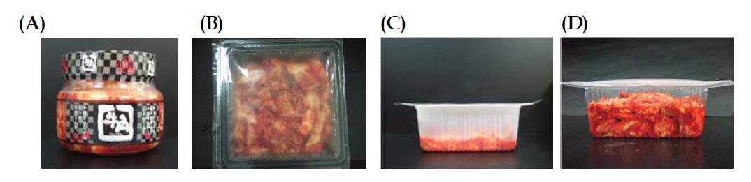 (A) (주)진미의 일본 수출용 병 포장 김치제품, (B) 밀폐형 트레이용기 제품, (C) 통기구 포함 트레이용기 200g 김치포장, (D) 통기구 포함 트레이용기 400g 김치포장
