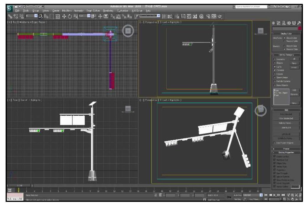 3D MAX 3차원 그래픽스 시뮬레이션을 위한 소프트웨어를 이용하여 도로 경관에 부합되는 디자인을 도출하는 작업을 수행하고 있는 화면