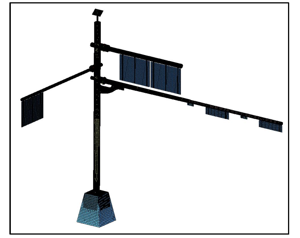 통합형 경량 교통안내구조물을 구성하는 모든 부품들을 조칩한 상태의 유한요소 모델