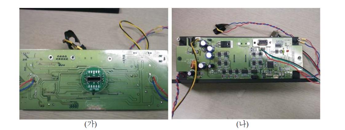 제작된 위치센서의 구동 및 LED 펄스 구동형 회로판 사진: (가) 1차원 PSD 장착된 전면 사진과 (나) 후면 사진