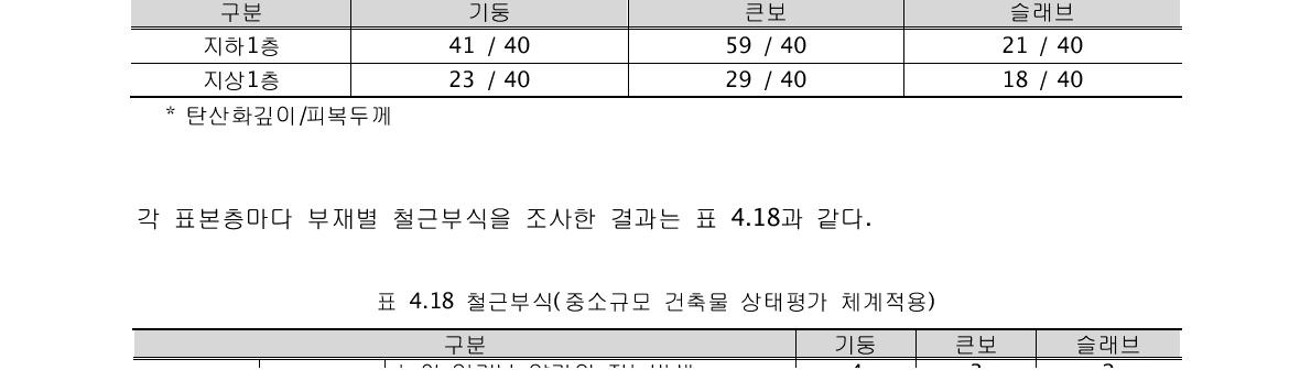 콘크리트 탄산화(중소규모 건축물 상태평가 체계적용)(단위 : mm)