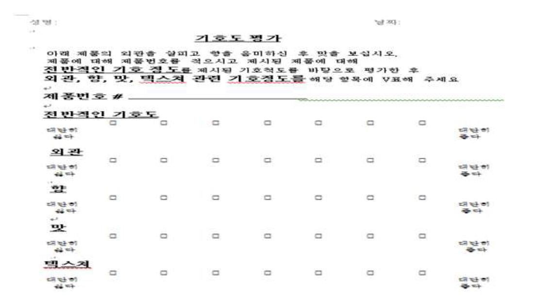 관능평가 기호도 평가 설문지