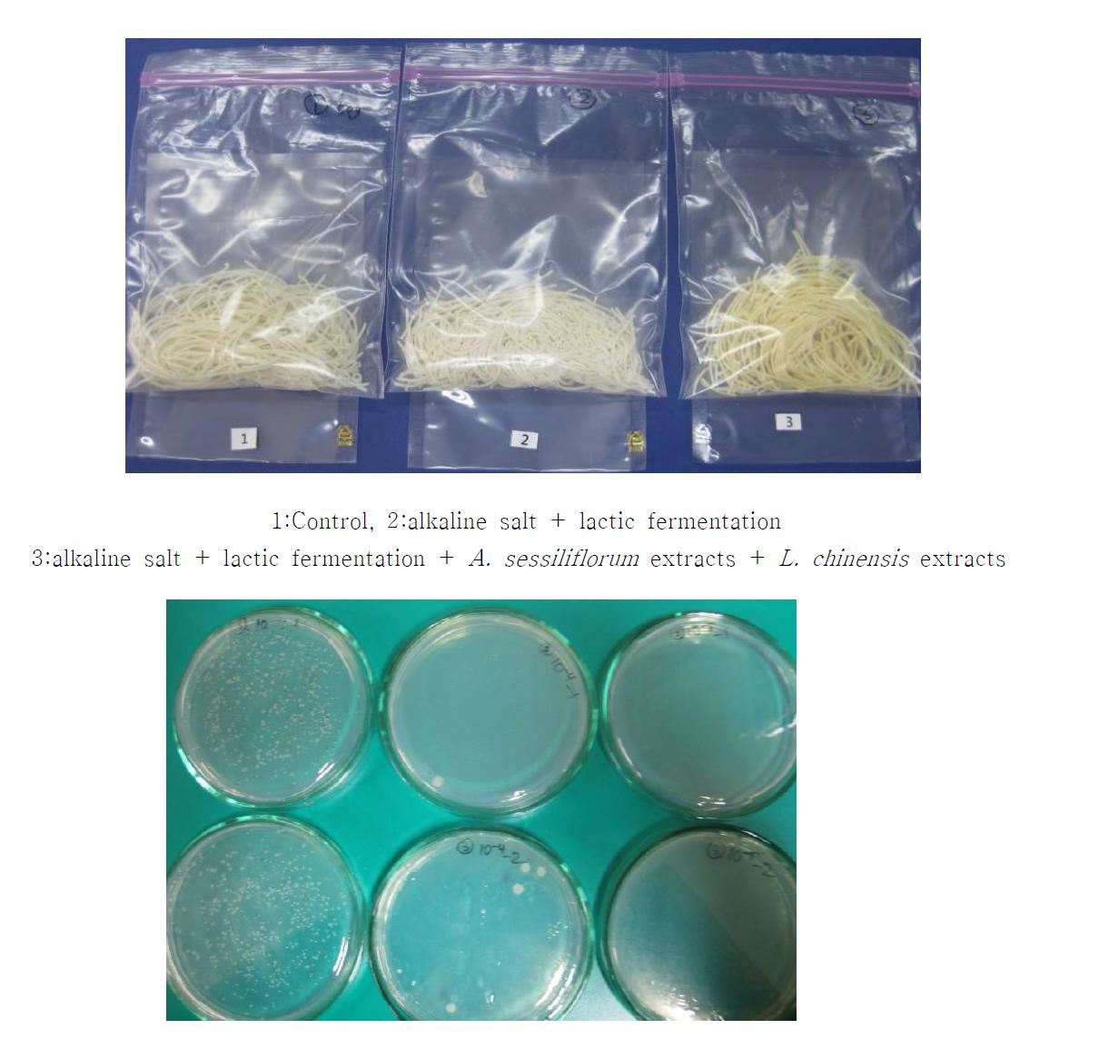 Changes in aerobic bacterial counts of rice naengmyon added with alkaline salt,lactic fermentation A. sessiliflorum and L. chinensis extracts during storage at 10 ℃