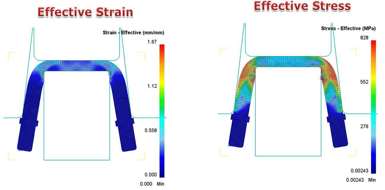2차원 성형해석 결과(1차 성형에서의 응력-변형률 분포)
