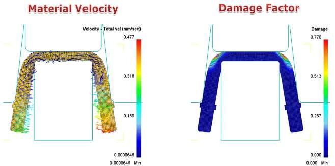 2차원 성형해석 결과(1차 성형에서의 변형속도 및 Damage factor)