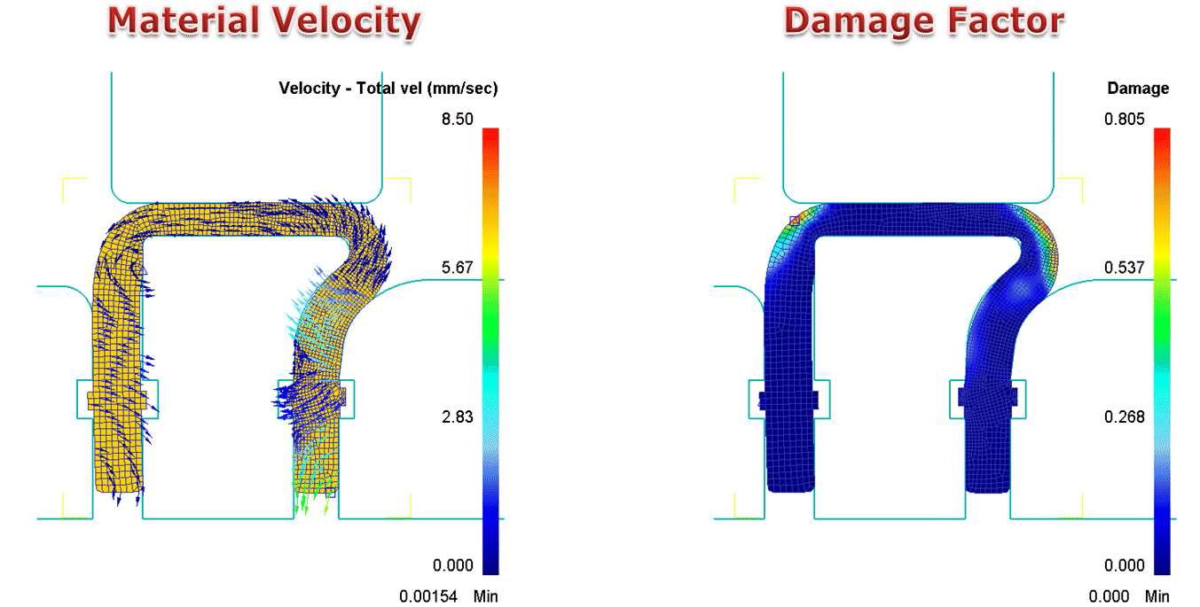 2차원 성형해석 결과(2차 성형에서의 변형속도 및 손상지수)