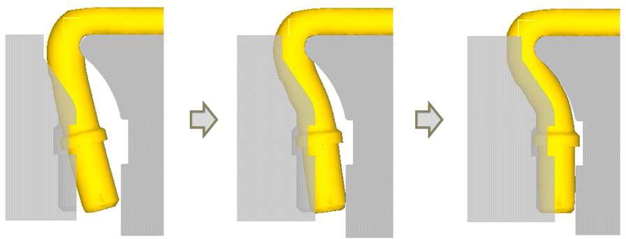 금형과의 접촉 상태에 따른 좌측 곡면부의 소재 변형 양상
