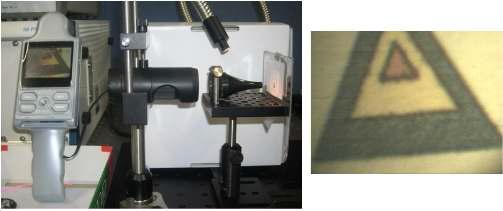좌: 렌즈 조합으로 구성된 검이경의 실험 모습, 우: LCD monitor에 얻어진 이미지
