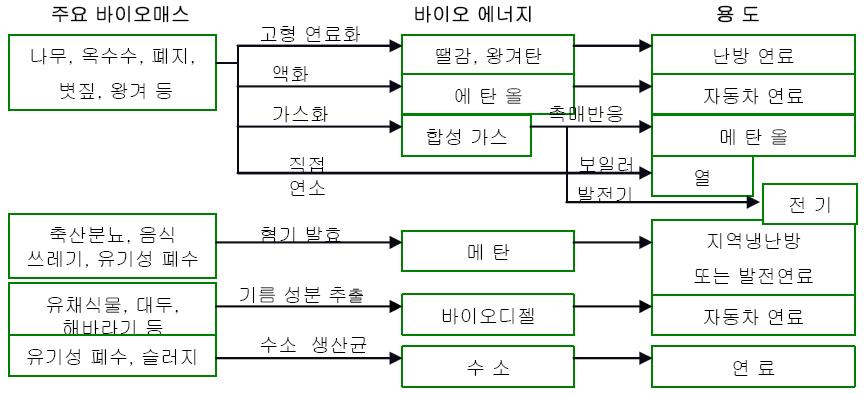 주요 바이오에너지의 종류 및 용도.