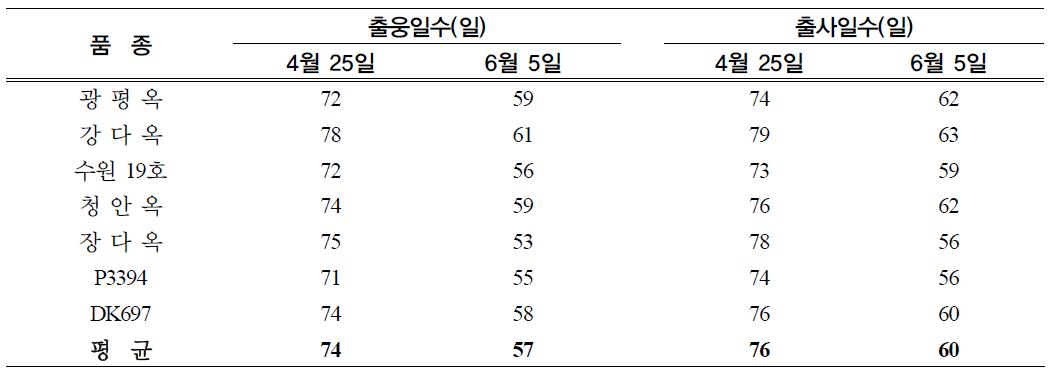 파종시기에 따른 품종별 출사일수와 출웅일수 비교