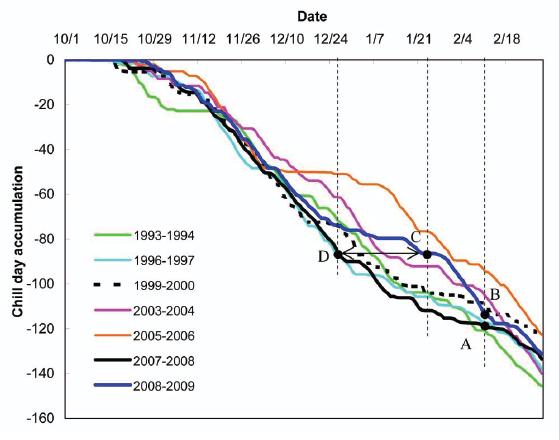 Inter-annual variations in chill-days accumulation pattern from 1 October to 28 February each year.