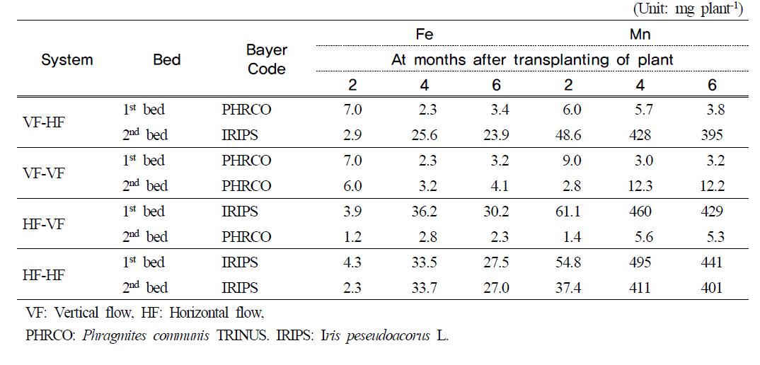 Amount of Fe and Mn absorbed by water plant at months after transplantingof plant in small-scale hydroponic wastewater treatment apparatus