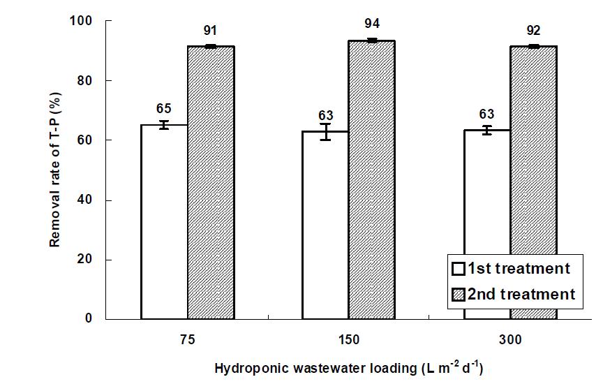 Removal rate of T-P in the water according to the hydroponic wastewater loading in hydroponic wastewater treatment plant.