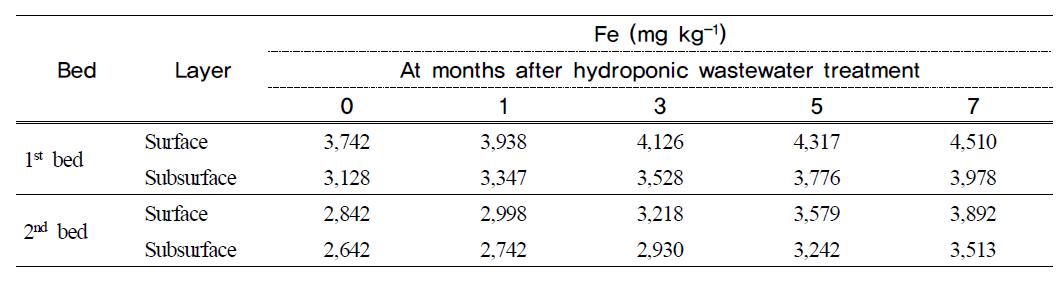 Fe content in filter media at months after hydroponic wastewater treatment in hydroponic wastewater treatment plant