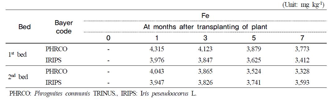 Fe contents in water plants at months after transplanting of plant in hydroponic wastewater treatment plant