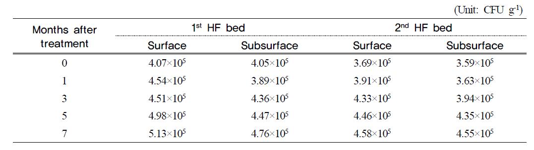 Variation of total bacteria of filter media at months after hydroponic wastewater treatment in hydroponic wastewater treatment plant